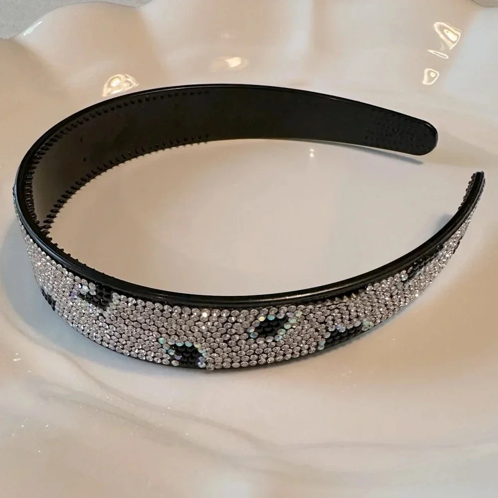 Black and White Animal Print Crystal Rhinestone Headband Wide & Flat with Combs - Picture 3 of 5